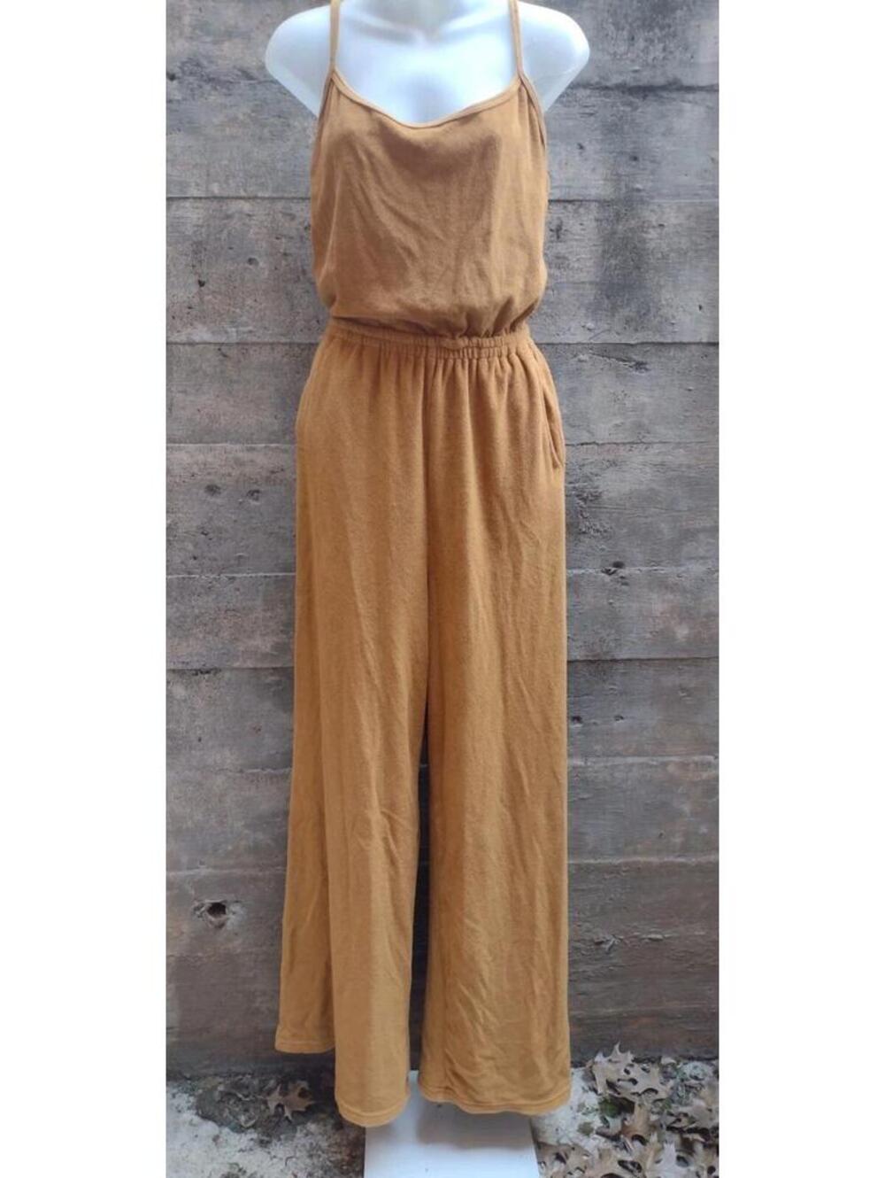 Vintage Style Terry Wide Leg Jumpsuit Spaghetti Strap Caramel Sz S Athleisure